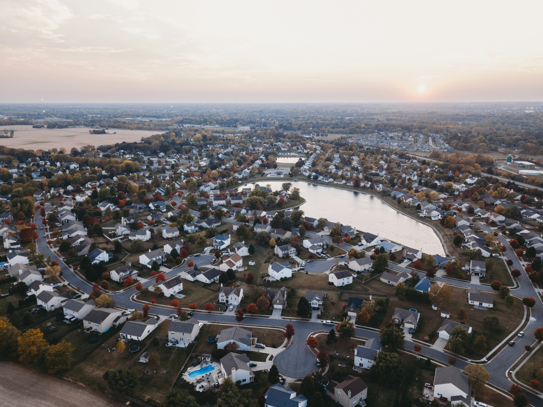 Aerial view of a Noblesville, IN neighborhood at sunset